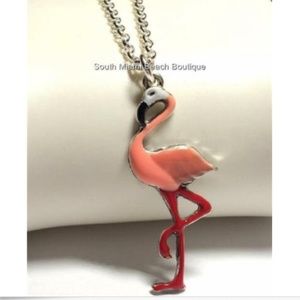 Flamingo Necklace 18" Pendant Island Bird Pink Peach Enamel Beach Silver Plated
